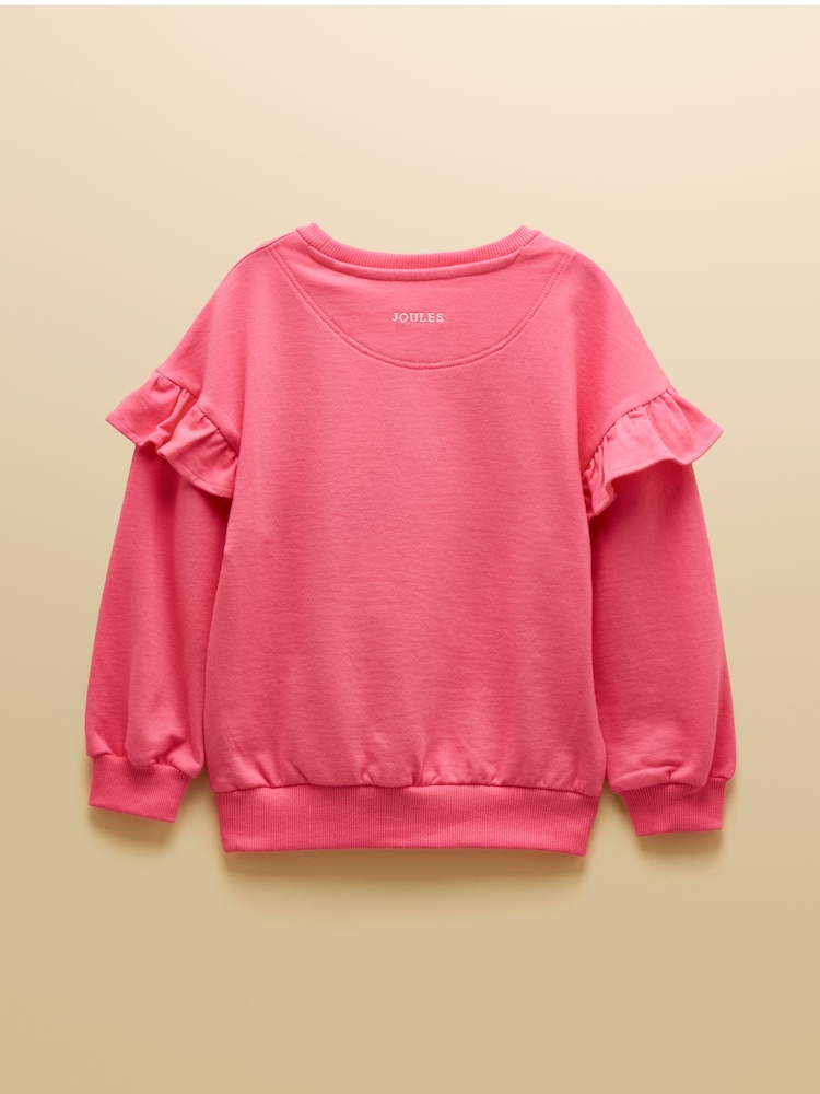 Joules Girls' Pink Frill Sleeve Crew Neck Sweatshirt - Image 2 of 5 Joules Girls' Pink Frill Sleeve Crew Neck Sweatshirt - Image 2 of 5