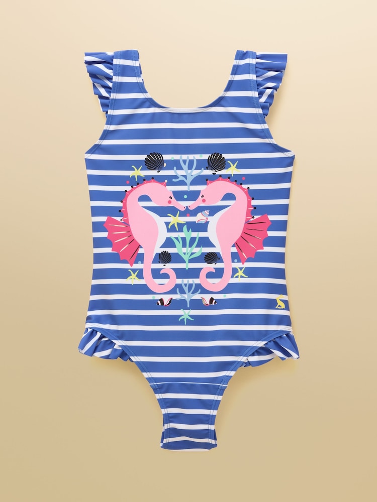 Joules Girls' Splash Blue Seahorse Swimming Costume - Image 1 of 5