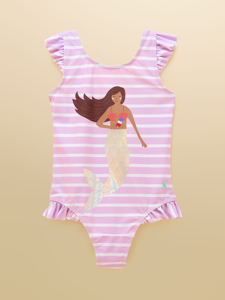 Joules Girls' Splash White & Lilac Striped Mermaid Swimming Costume - Image 1 of 5