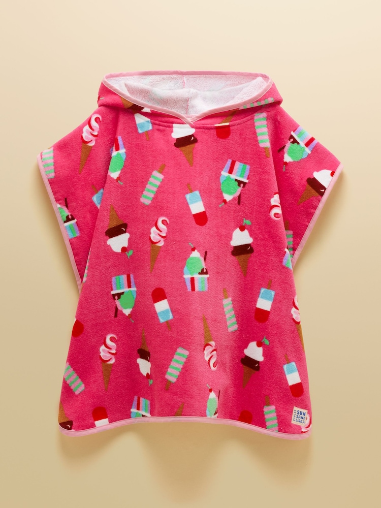 Joules Girls' Decker Pink Ice Cream Towelling Poncho - Image 1 of 5