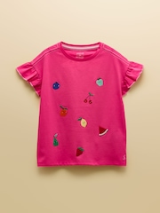 Joules Girls' Waverley Pink Frill Sleeve T-Shirt - Image 1 of 4