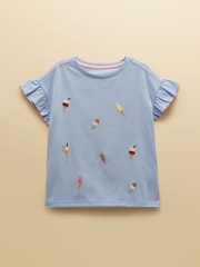 Joules Girls' Waverley Blue Frill Sleeve T-Shirt - Image 1 of 3
