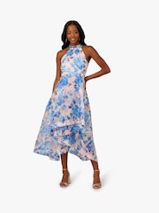 Adrianna Papell knöchellanges blaues Organza-Kleid mit Floralprint - Bild 1 von 6
