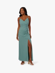 Adrianna Papell Green Stretch Mesh Draped Gown - Image 1 of 6