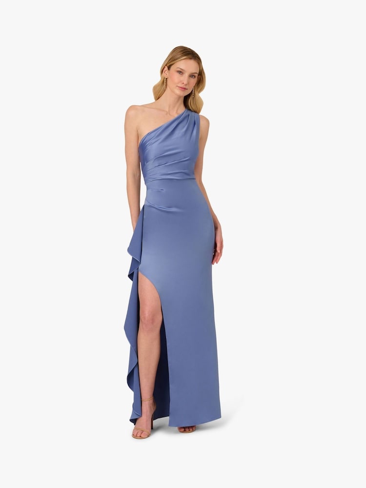 Adrianna Papell Blue One Shoulder Satin Crepe Gown - Image 1 of 6