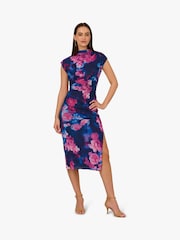 Adrianna Papell Blue Print Mesh Draped Dress - Image 2 of 7