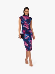 Adrianna Papell Blue Print Mesh Draped Dress - Image 4 of 7