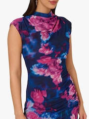 Adrianna Papell Blue Print Mesh Draped Dress - Image 6 of 7