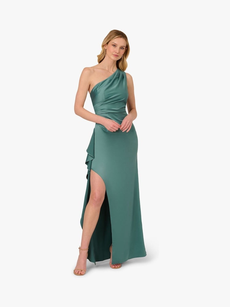 Adrianna Papell Green One Shoulder Satin Crepe Gown - Image 1 of 6