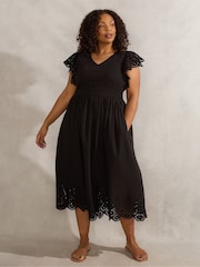 Live Unlimited Black Broderie Shirred 100% Organic Cotton Dress - Image 1 of 5