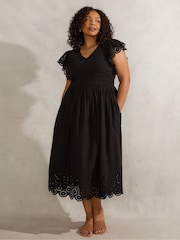 Live Unlimited Black Broderie Shirred 100% Organic Cotton Dress - Image 2 of 5
