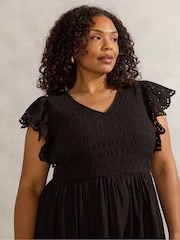 Live Unlimited Black Broderie Shirred 100% Organic Cotton Dress - Image 4 of 5