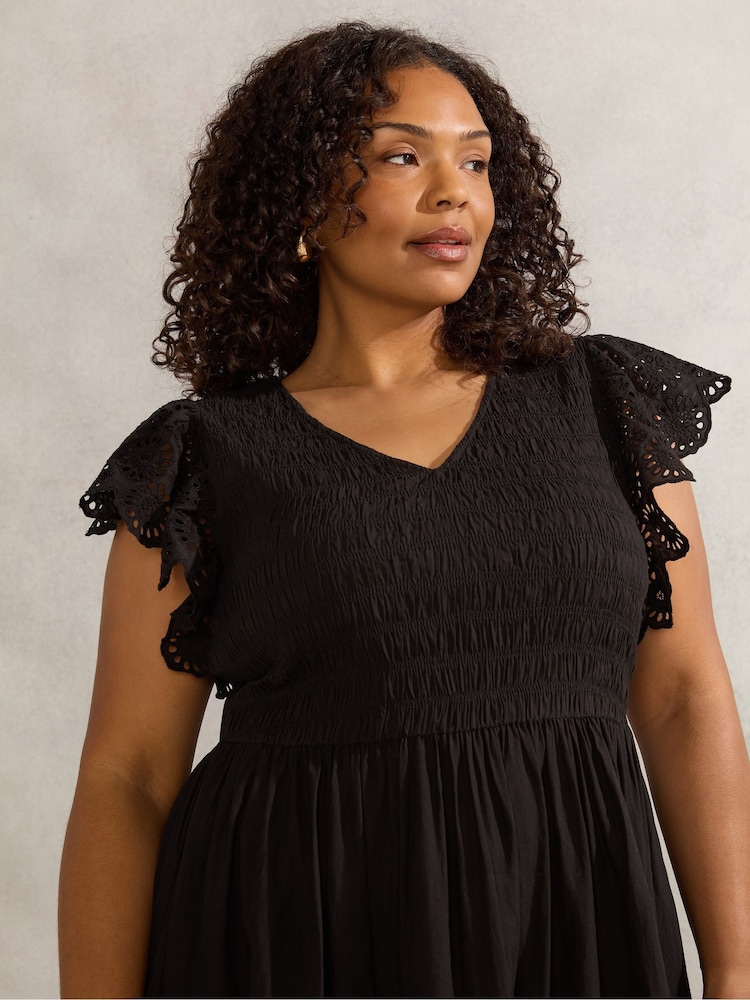 Live Unlimited Black Broderie Shirred Dress - Image 6 of 7