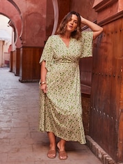 Live Unlimited Green Ditsy Jersey Angel Sleeve Wrap Dress - Image 1 of 3
