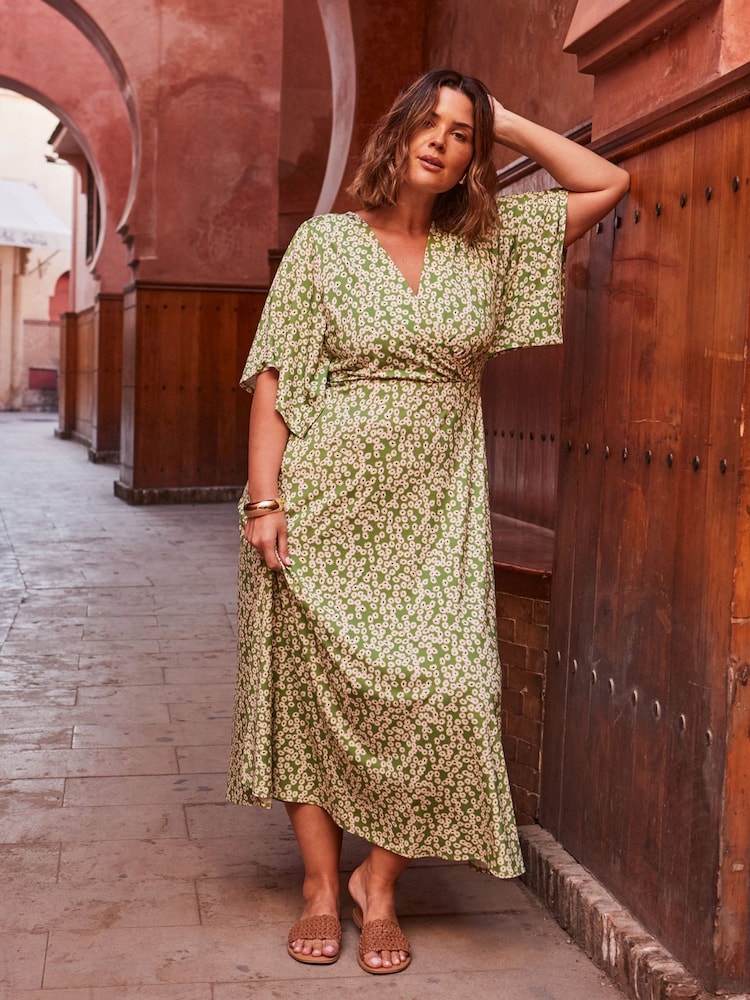 Live Unlimited Green Ditsy Jersey Angel Sleeve Wrap Dress - Image 1 of 3