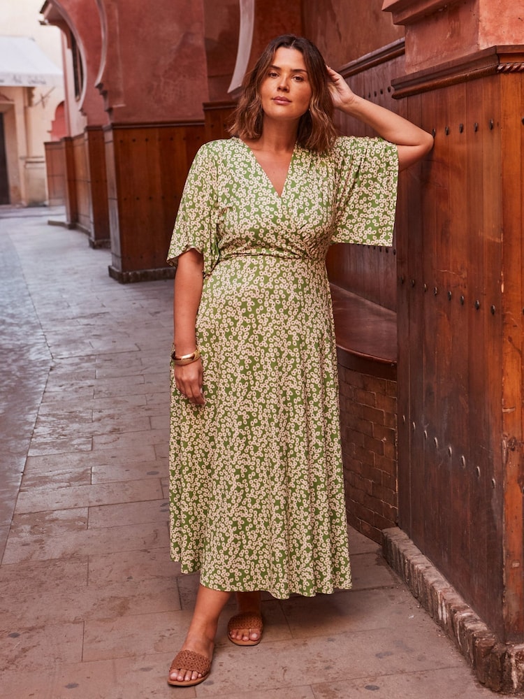 Live Unlimited Green Ditsy Jersey Angel Sleeve Wrap Dress - Image 2 of 3