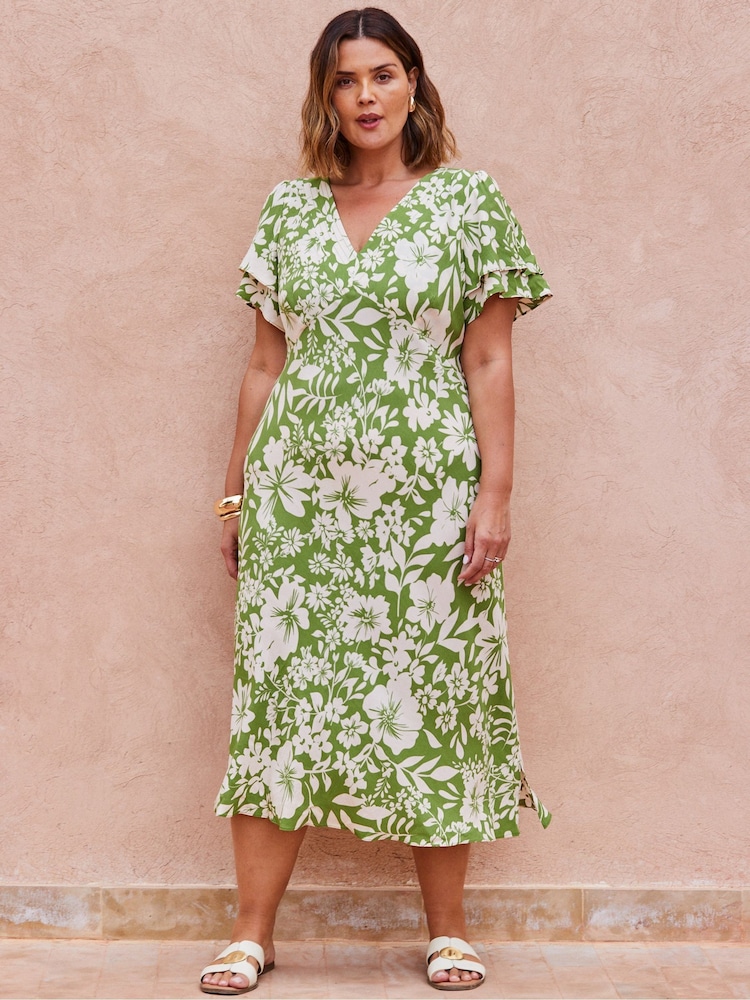 Live Unlimited Green Floral Flutter Sleeve Dress - Image 2 of 4