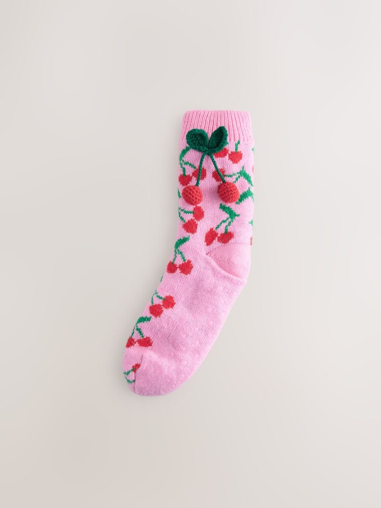 Pink Cherries Chunky Slipper Socks 1 Pack - Image 2 of 3 Pink Cherries Chunky Slipper Socks 1 Pack - Image 2 of 3