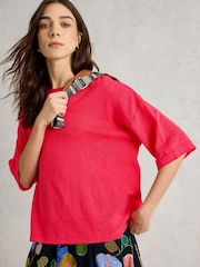 White Stuff Pink Kate Linen Blend T-Shirt - Image 1 of 6
