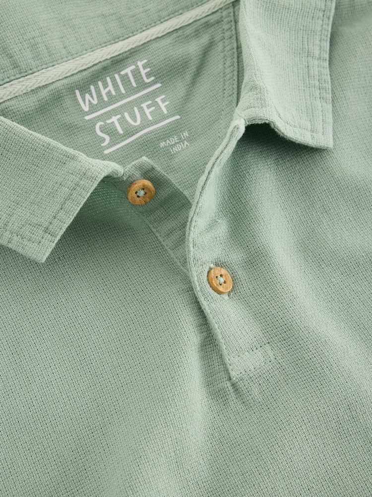 White Stuff Green 100% Organic Cotton Anderby Woven Polo Shirt - Image 6 of 6