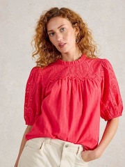 White Stuff Pink Lexi 100% Organic Cotton Broderie Top - Image 1 of 6