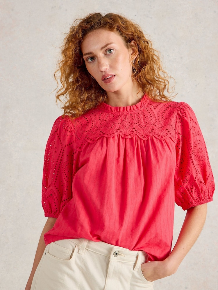 White Stuff Pink Lexi 100% Organic Cotton Broderie Top - Image 1 of 6