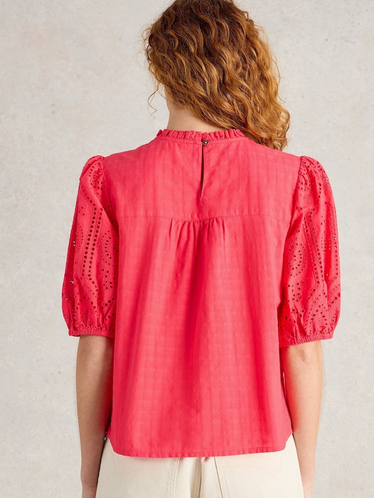 White Stuff Pink Lexi 100% Organic Cotton Broderie Top - Image 2 of 6