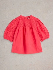 White Stuff Pink Lexi 100% Organic Cotton Broderie Top - Image 5 of 6