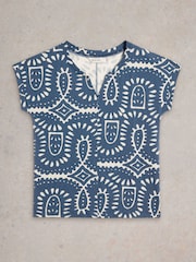 White Stuff Blue Light Nelly Notch Neck 100% Cotton T-Shirt - Image 5 of 6