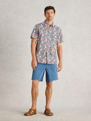 White Stuff Blue 100% Organic Cotton Floral Stamp Short Sleeve Printed Shirt - Image 1 of 6