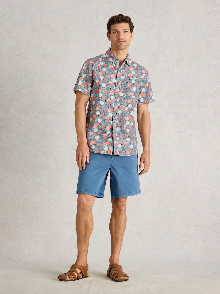 White Stuff Blue 100% Organic Cotton Floral Stamp Short Sleeve Printed Shirt - Image 1 of 6