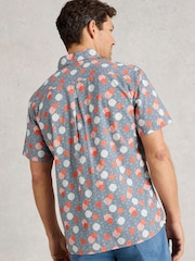 White Stuff Blue 100% Organic Cotton Floral Stamp Short Sleeve Printed Shirt - Image 2 of 6