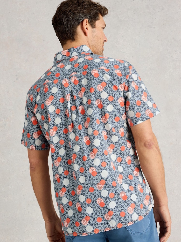 White Stuff Blue 100% Organic Cotton Floral Stamp Short Sleeve Printed Shirt - Image 2 of 6