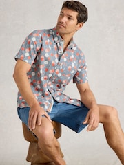 White Stuff Blue 100% Organic Cotton Floral Stamp Short Sleeve Printed Shirt - Image 4 of 6