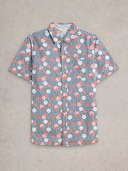White Stuff Blue 100% Organic Cotton Floral Stamp Short Sleeve Printed Shirt - Image 5 of 6