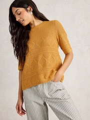 White Stuff Yellow 100% Organic Cotton Stitchy Knitted T-Shirt - Image 2 of 6