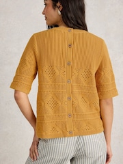White Stuff Yellow 100% Organic Cotton Stitchy Knitted T-Shirt - Image 3 of 6