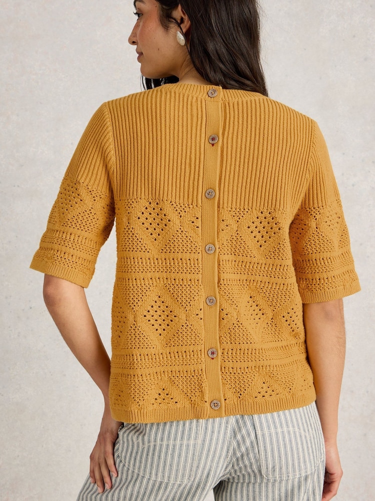 White Stuff Yellow 100% Organic Cotton Stitchy Knitted T-Shirt - Image 3 of 6