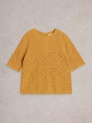 White Stuff Yellow 100% Organic Cotton Stitchy Knitted T-Shirt - Image 5 of 6