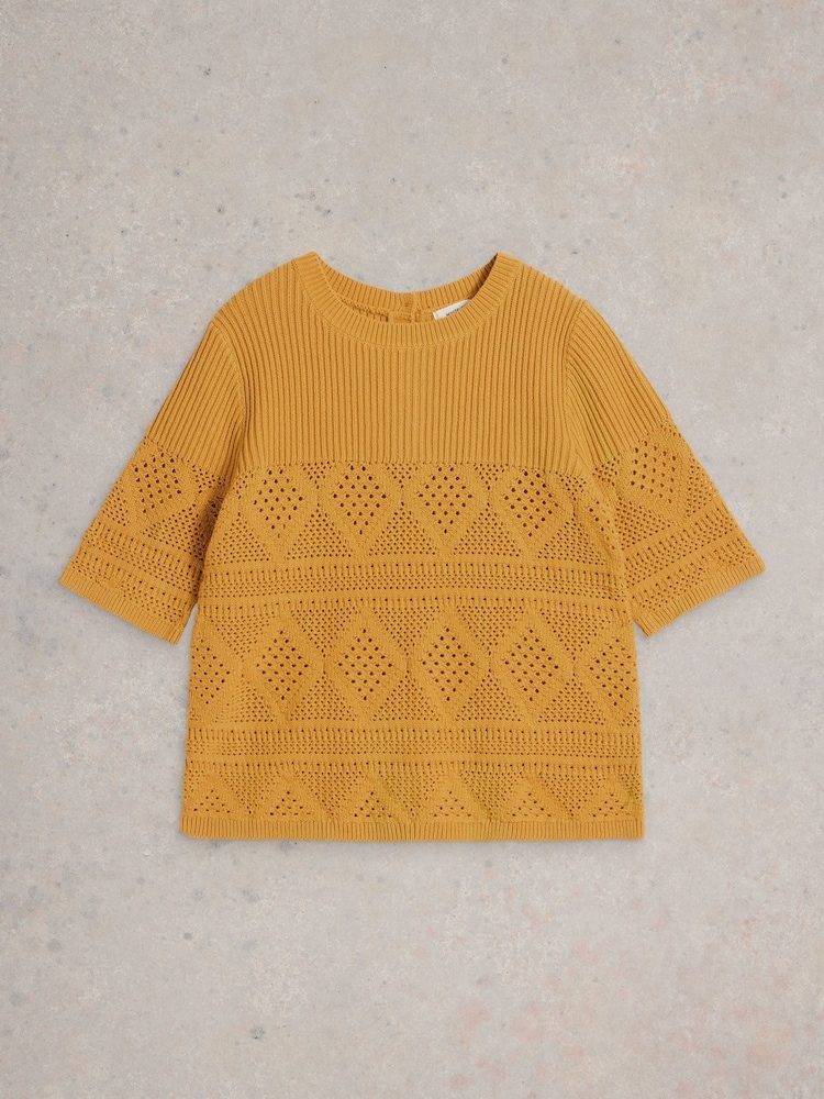 White Stuff Yellow 100% Organic Cotton Stitchy Knitted T-Shirt - Image 5 of 6