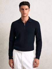 Reiss Navy Hamilton Wool Waffle-Knit Half-Zip Polo Shirt - Image 1 of 5