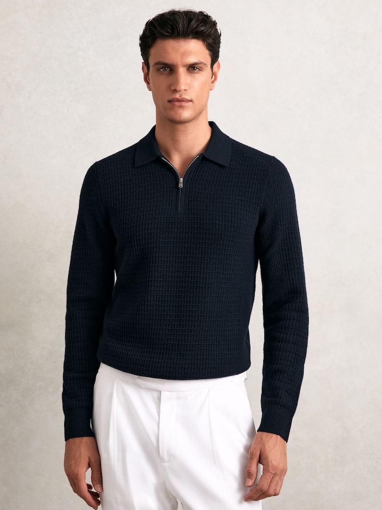 Reiss Navy Hamilton Wool Waffle-Knit Half-Zip Polo Shirt - Image 1 of 5