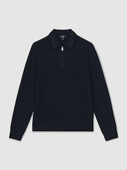 Reiss Navy Hamilton Wool Waffle-Knit Half-Zip Polo Shirt - Image 2 of 5