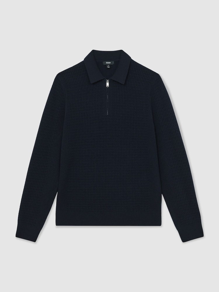Reiss Navy Hamilton Wool Waffle-Knit Half-Zip Polo Shirt - Image 2 of 5