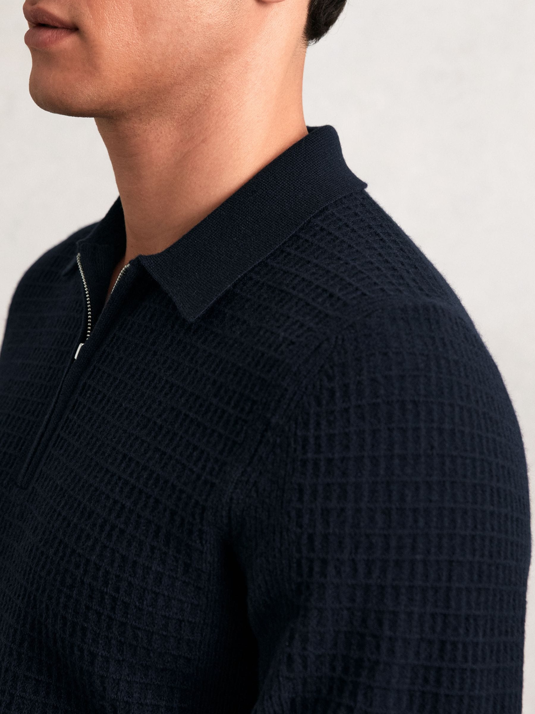 Buy Reiss Navy Hamilton Wool Waffle-Knit Half-Zip Polo Shirt from