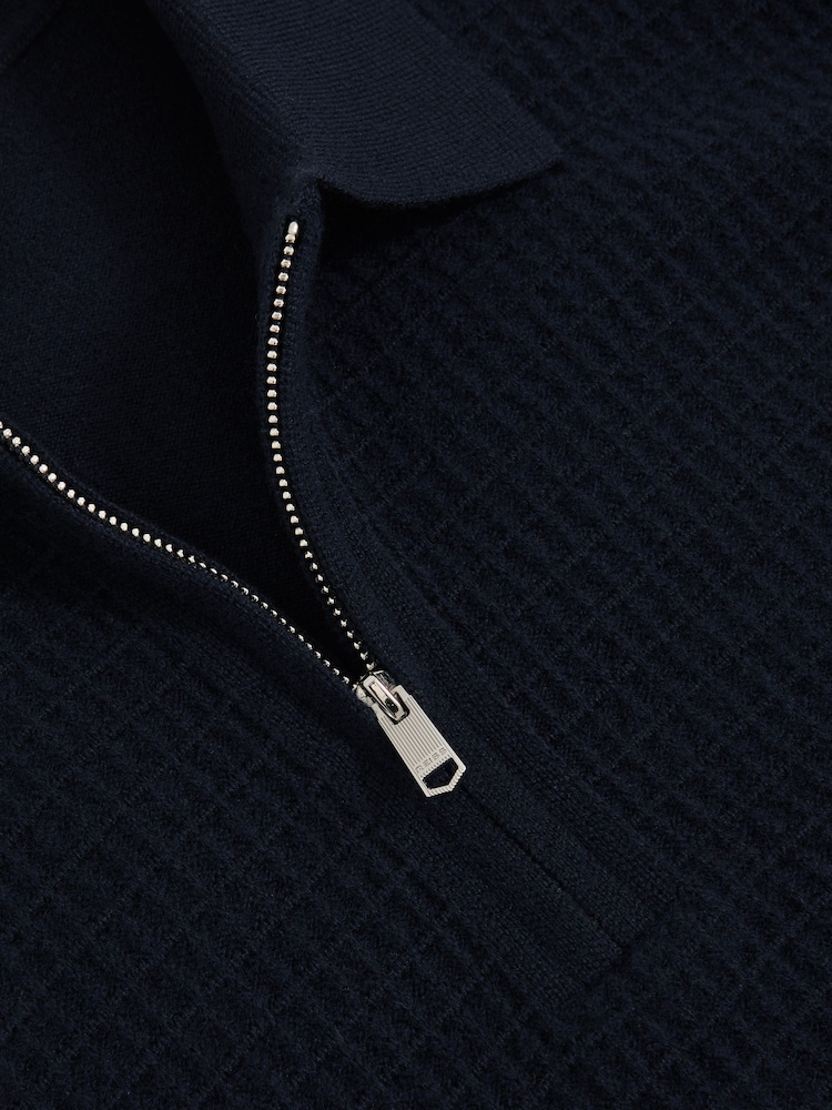 Reiss Navy Hamilton Wool Waffle-Knit Half-Zip Polo Shirt - Image 5 of 5
