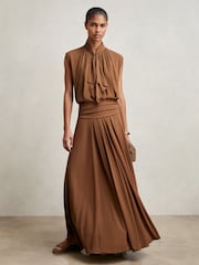 Reiss Tan Brown Saffron Jersey Ruched-Waist Maxi Skirt - Image 1 of 6