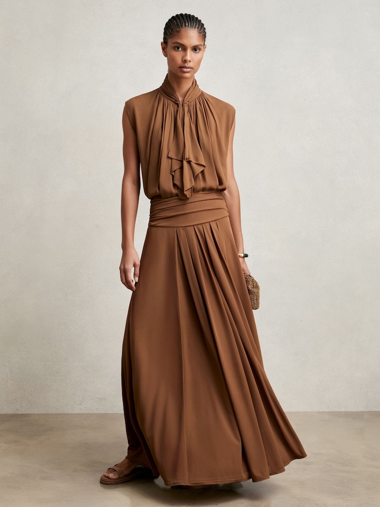Reiss Tan Brown Saffron Jersey Ruched-Waist Maxi Skirt - Image 1 of 6