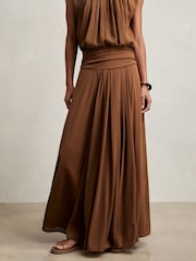 Reiss Tan Brown Saffron Jersey Ruched-Waist Maxi Skirt - Image 3 of 6