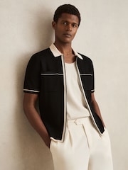 Reiss Black/Stone Baxter Compact-Knit Tipped Zip-Through Shirt - Image 1 of 5